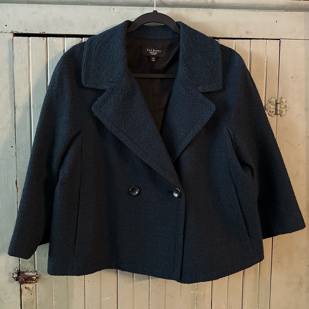Talbots Women’s Tweed Blazer Size 14P Dark Blue Black Double-Breasted